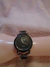 Mon Cheri Black Water Resistant Cubic Zirconia Black Leather Band Watch
