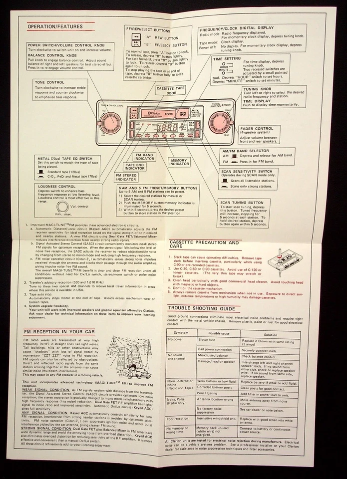 Clarion 5700R Am/FM Cassette Receptor Instrucciones Folleto Manual Guía del Propietario Foto 4 de 4