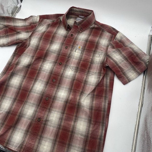 Carhartt Shirt Men Orange Rust Brown Plaid Short Sleeve Relaxed Button Up Camp - Picture 2 of 7