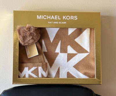 Michael Kors Pom Beanie Hat Scarf w Inverse MK Logo