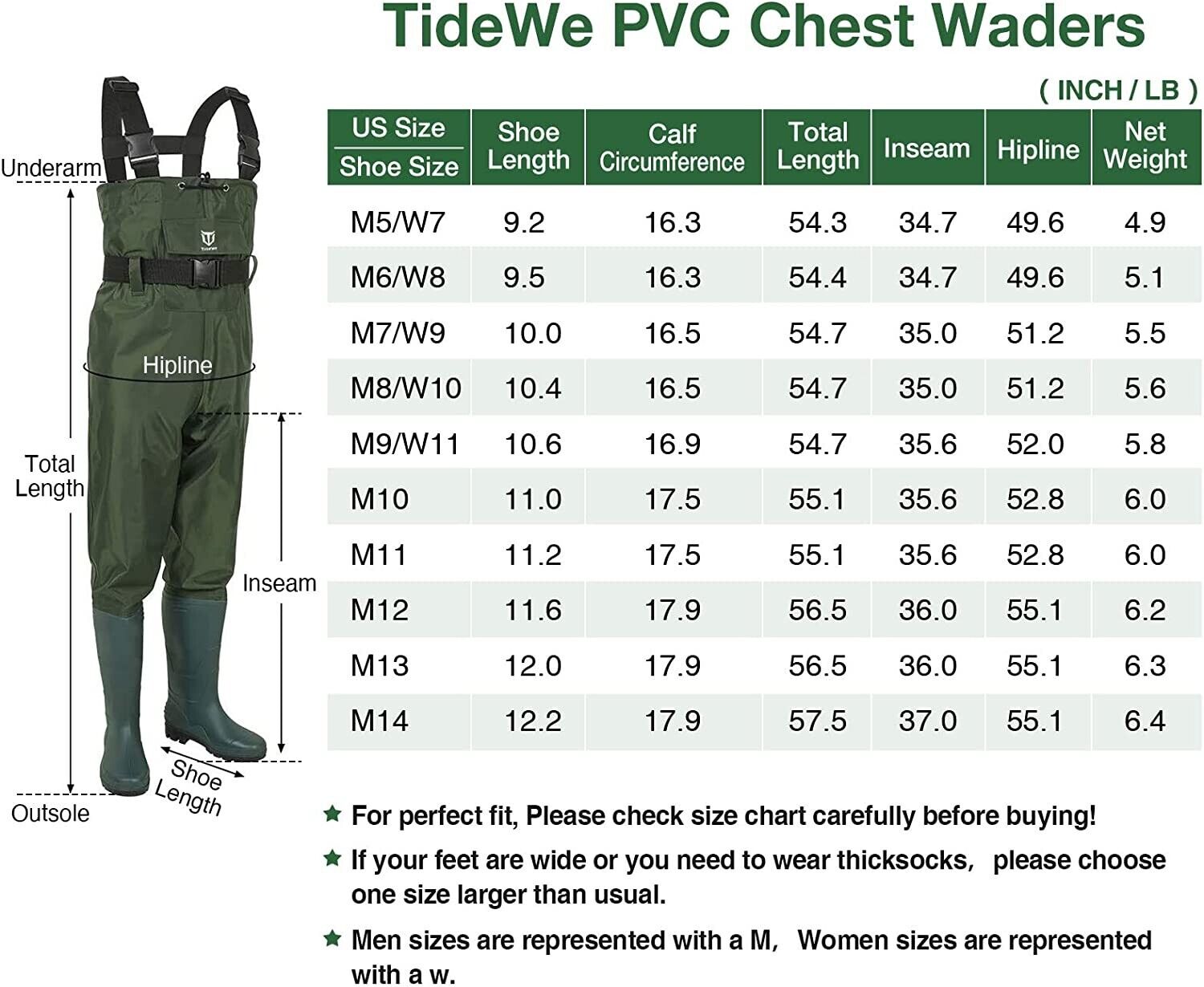 FISHINGSIR Fishing Waders Men with Boots Womens Chest Waders Waterproof  Size 6