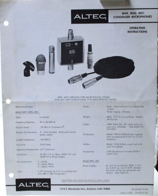 ALTEC LANSING 1966 Microphone M49 M50 M51 Accessories Operating & Service Manual