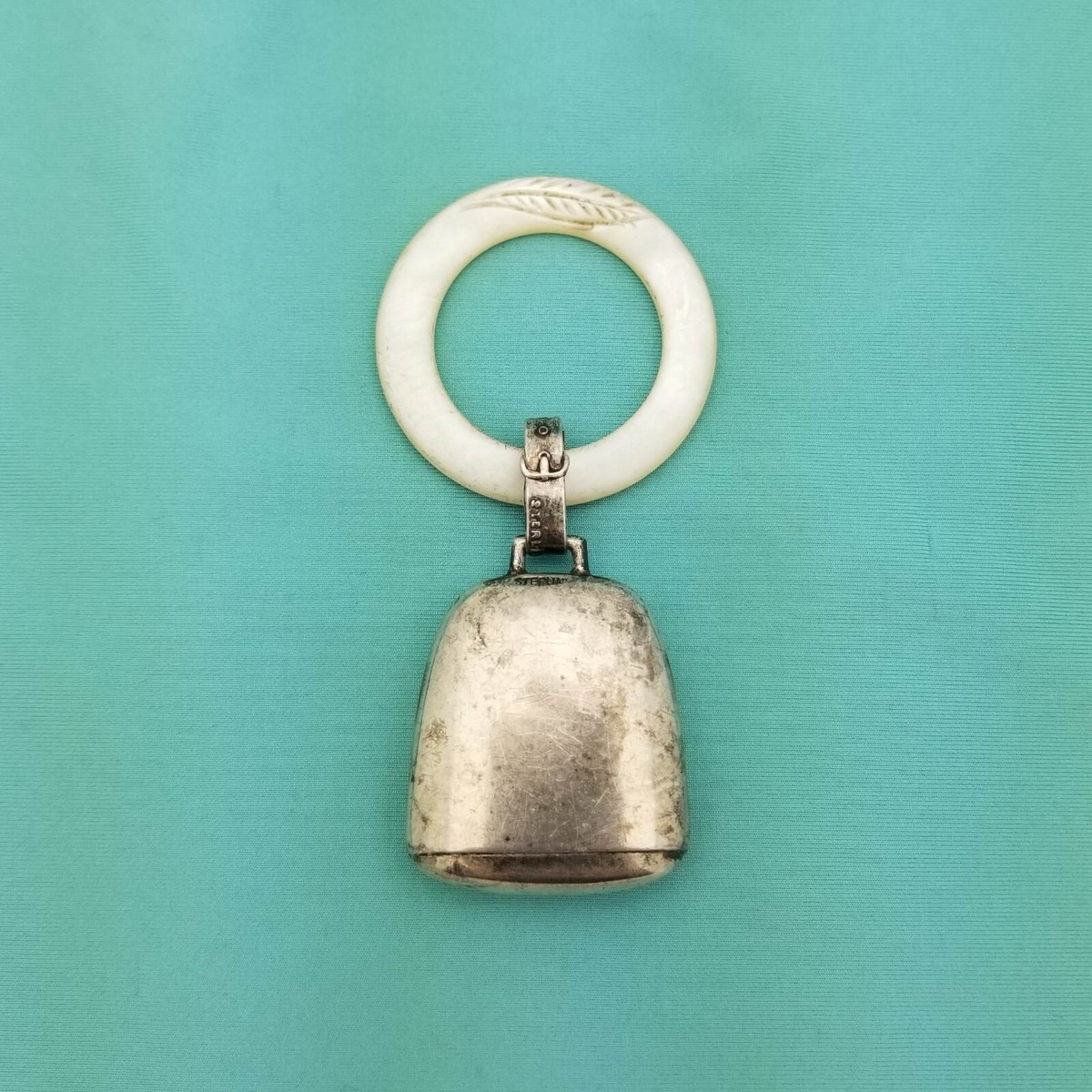 Antique 1940 Sterling Silver Bell Baby Rattle with Mother of Pearl