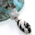 925 Silver Plated Long White Buffalo Turquoise Rainbow Moonstone Pendant 2.2" GW