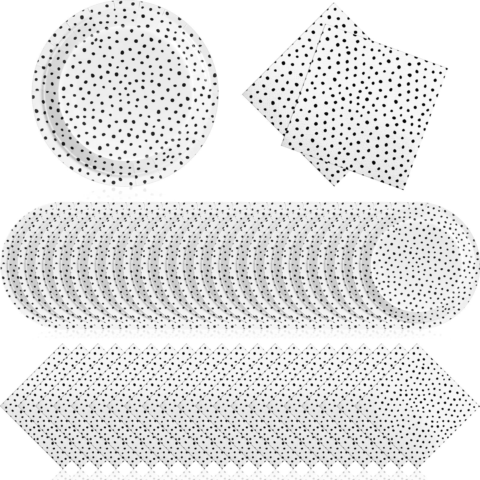 120 Pcs Black Painted Dots Plates and Napkins Bulk Disposable Black Cream Pol...
