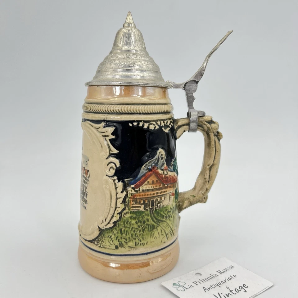 Boccale da birra in ceramica tedesco vintage con coperchio peltro Francoforte - Immagine 3 di 4