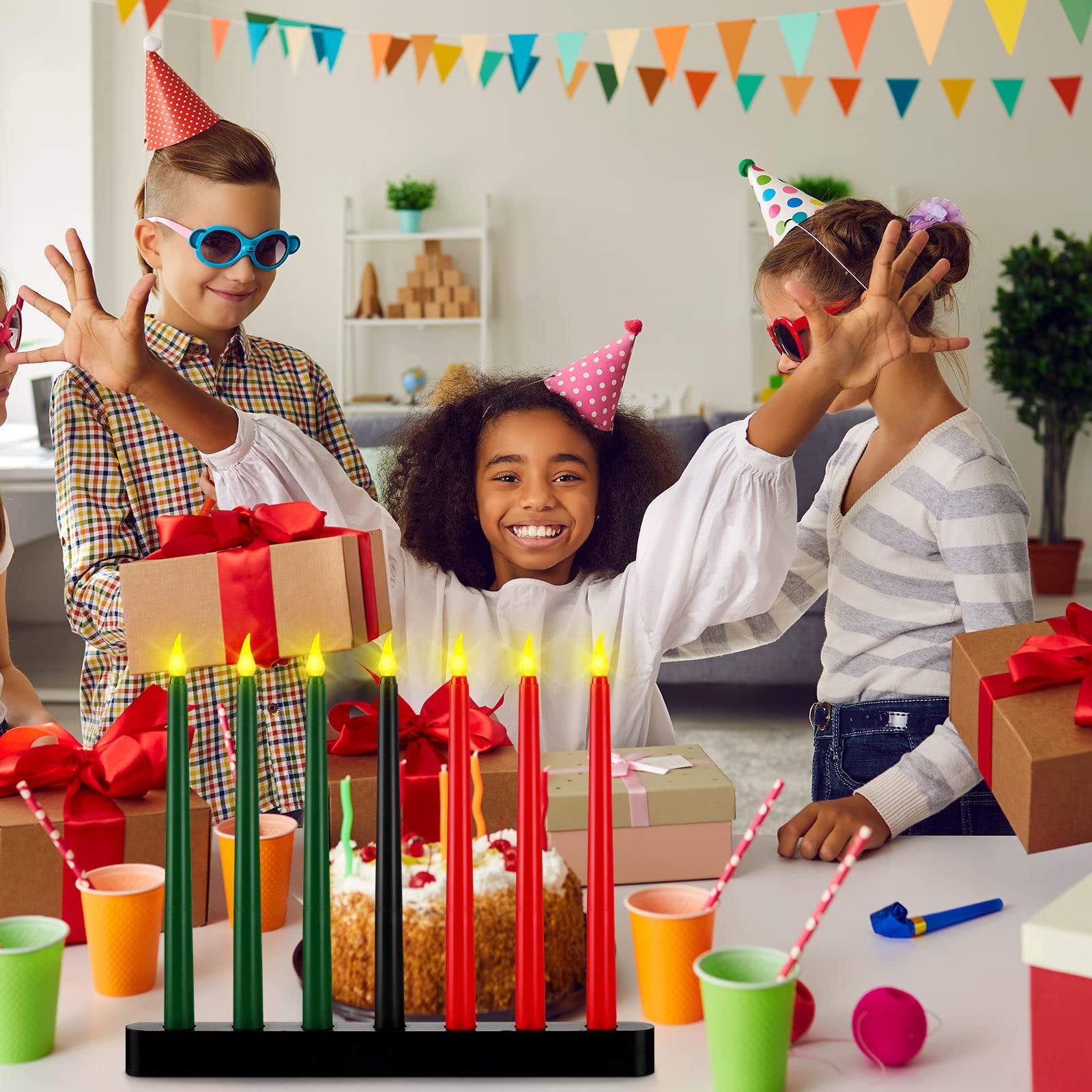 8 Pieces Kwanzaa Kinara Set 7 Kwanzaa LED Candles and 1 Candle Holder Flamele...