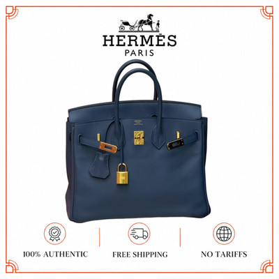 Hermès Birkin 25 Blue Agate Leather Handbag Gold Hardware Auth