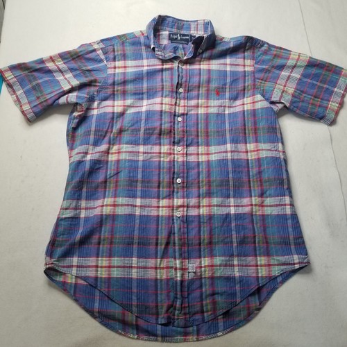 Ralph Lauren Men's L Madras Plaid Hand Woven Short Sleeve Cotton Shirt Red Pony - Picture 2 of 12