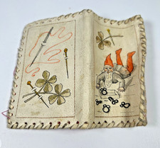 Antique Victorian-era Folding Needle Case Decorated Leather Leprechaun Shamrocks