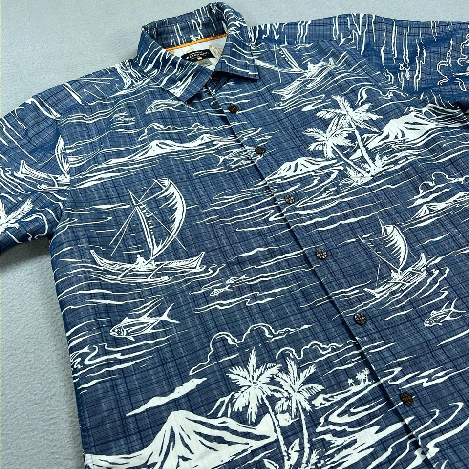 Camisa Quiksilver Waterman Para Hombres Grande Azul Hawaiano Aloha Palm Boats Estampado Campamento Foto 2 de 4