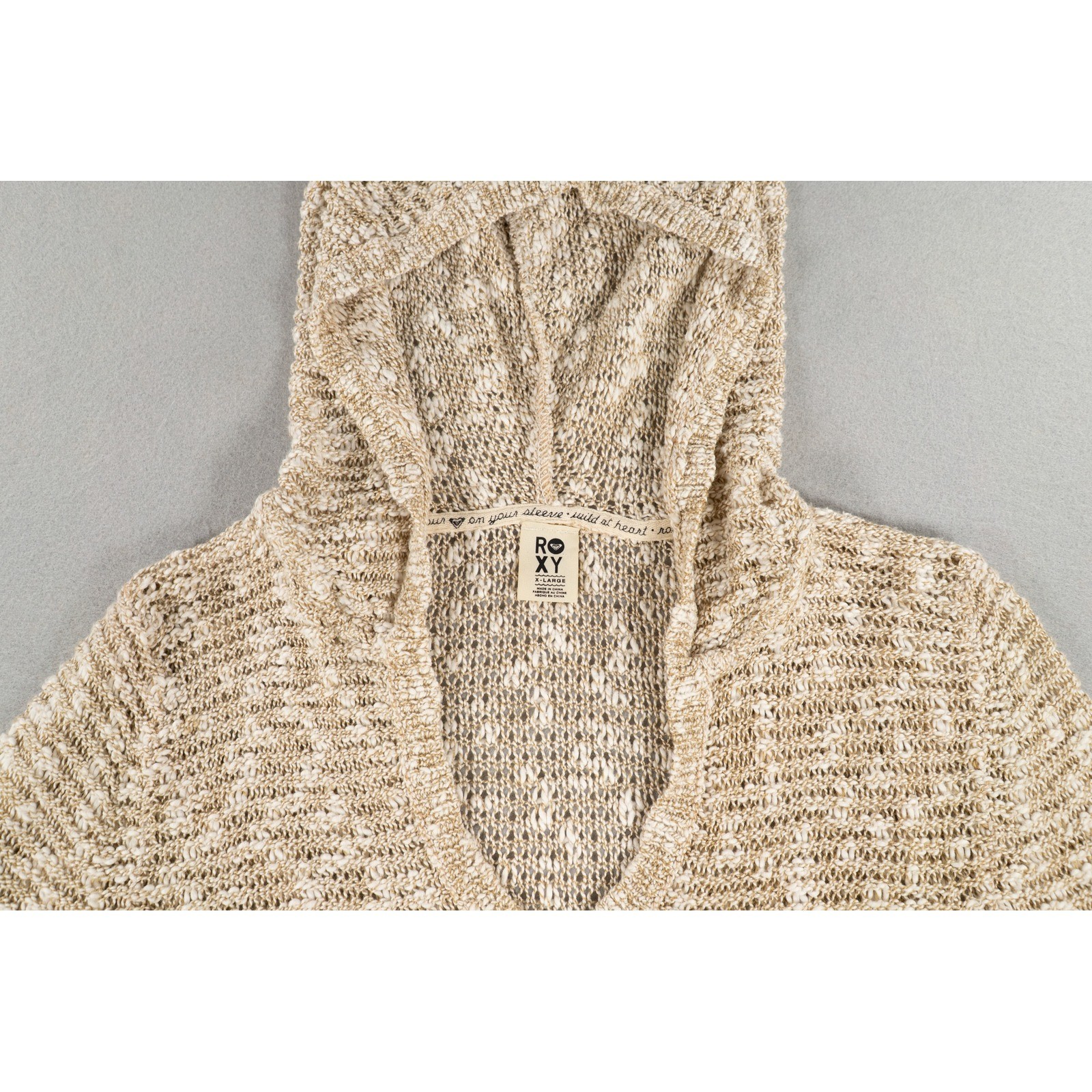 Roxy Hooded Knit Sweater Women's XL Beige Marled Boho Coastal Beach Pullover image 3