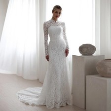 Elegant Long Sleeve Mermaid Wedding Dress Lace Court Train High Neck Bride Gowns