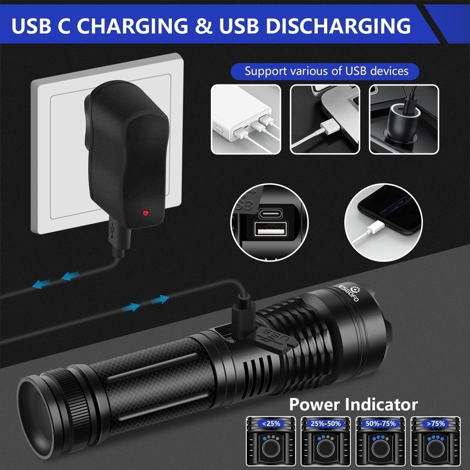 High Power Rechargeable Flashlights 900000 High Lumens, Super Bright ...