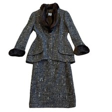 Thierry Mugler Rare FW 1998 Two Piece Suit Blazer Skirt Archival Fur Trim Sz 38