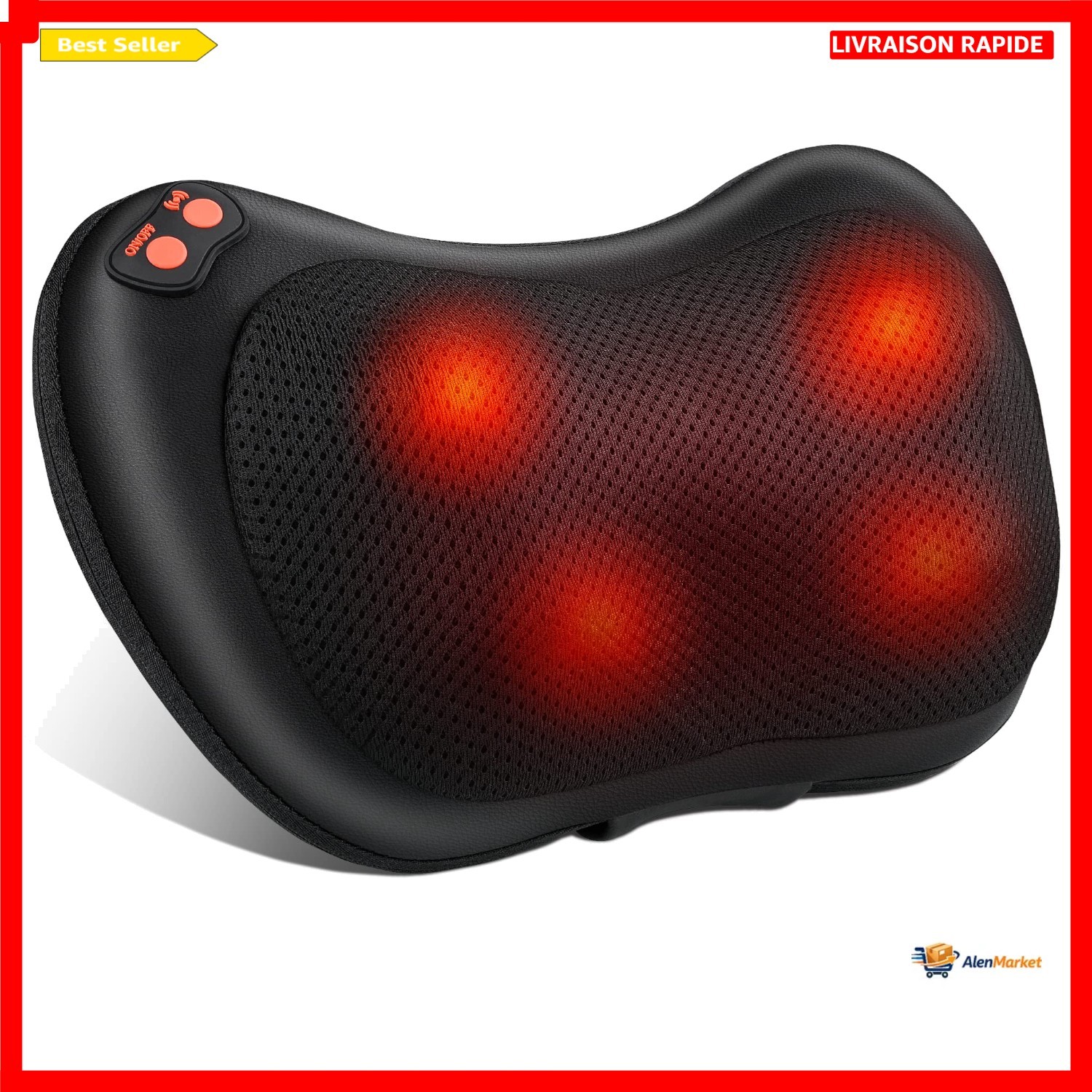 Masseur dos ergonomique chauffant Shiatsu noir avec têtes rotatives
