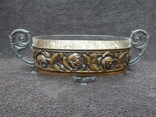 VINTAGE METALL GLASEINSATZ MITTELSTÜCK OBSTSCHALE JARDINERE ROSE DESIGN OVAL