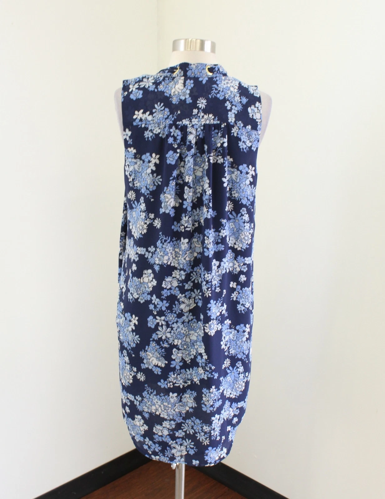 NWT Michael Kors Blue Floral Tie Neck Pussybow Shift Dress Size M Spring Button