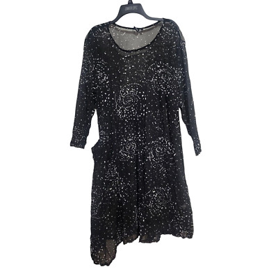 LISA BAYNE Black White Crinkle Sheer Lagenlook Asymmetrical Tunic Dress Size XXL