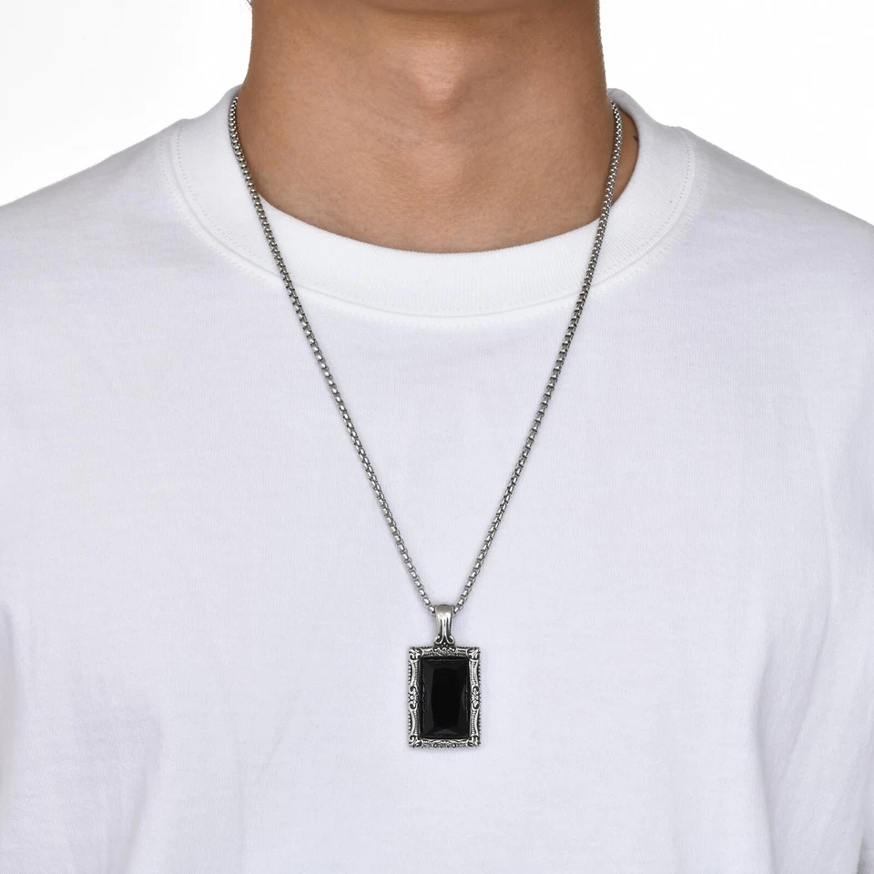 Vnox Mens Black Square Stone Necklaces Stainless Steel Hip Hop Geometric Pendant - Image 2 of 4