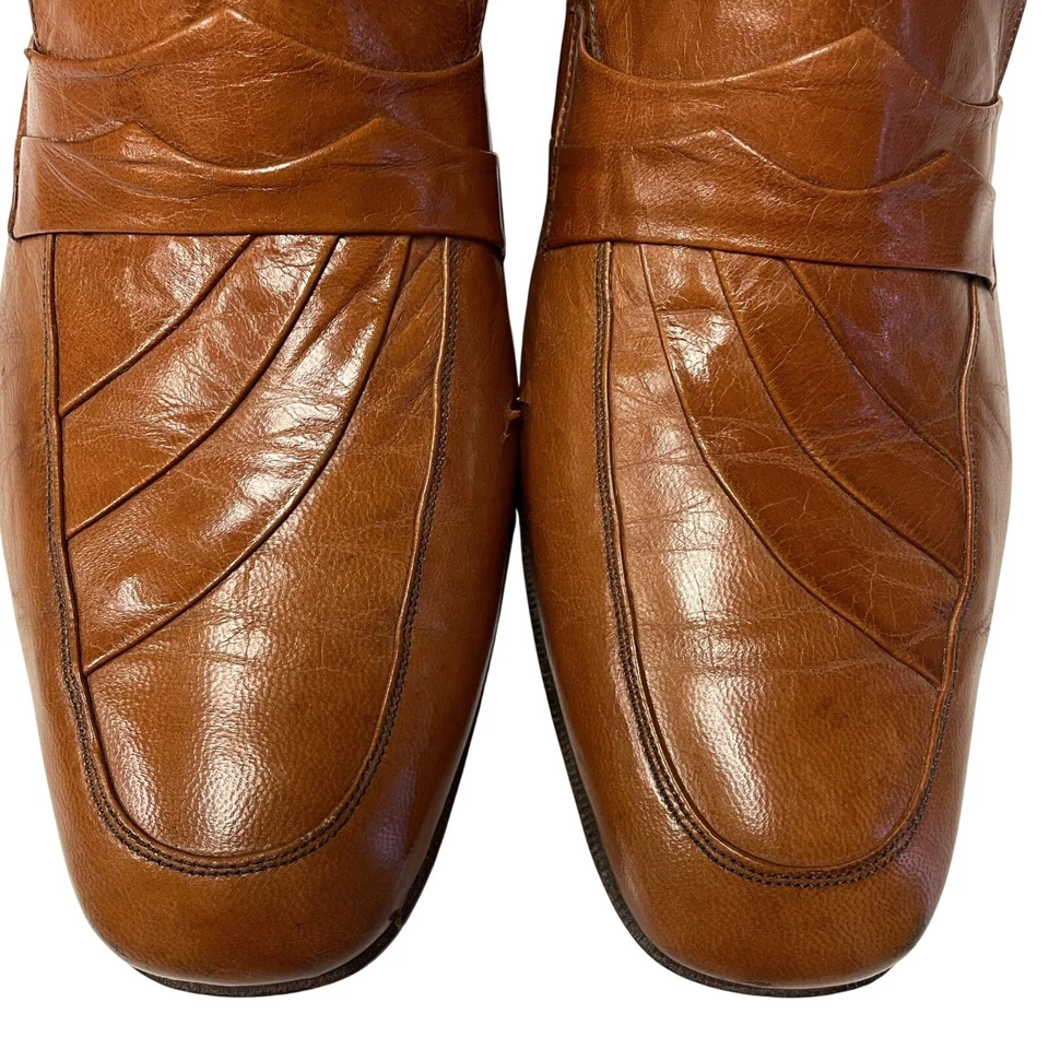 Vtg 60s Volare Carlo Leoni CognacLeather MoD LoGo SWANKY Shoes GOLD FEVER Loafer - Image 4 of 4
