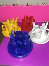 VINTAGE MCM PLASTIC COOKWARE CAMP WARE PLATES KNIVES FORKS SPOONS CUPS HONG KONG