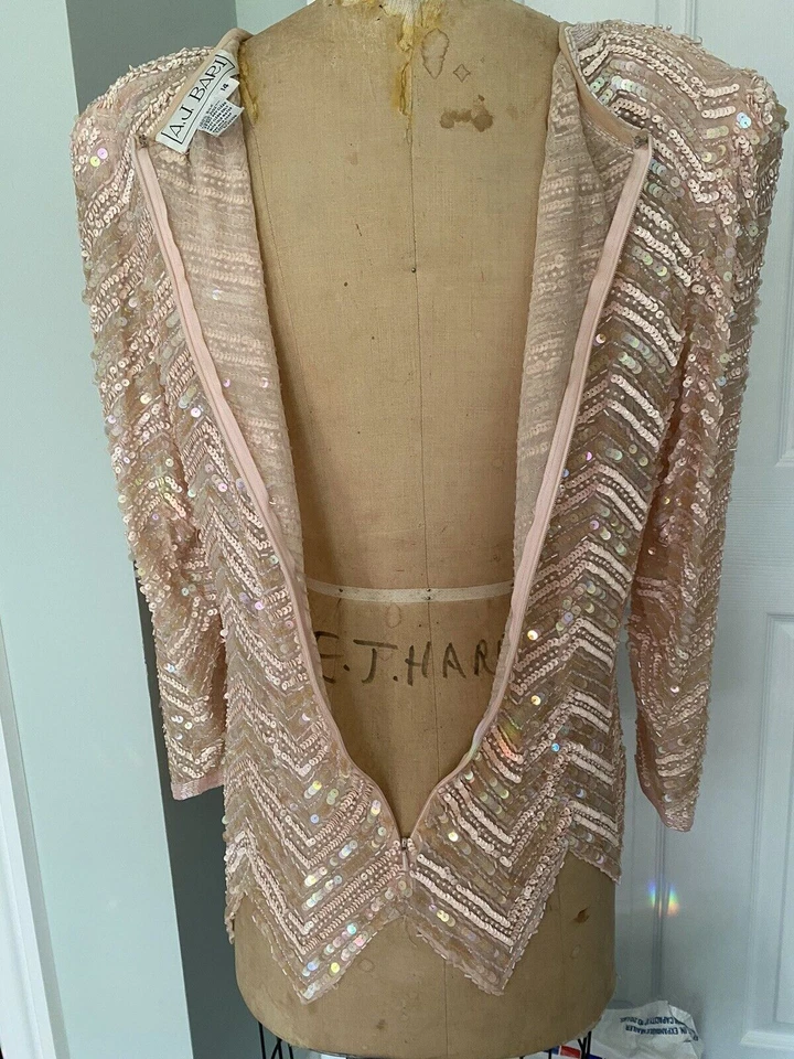 A.J. Top Bari 100% Seda Lentejuelas Cuentas, Talla 14 Melocotón Asimétrico Glamour Disfraz M Foto 4 de 4