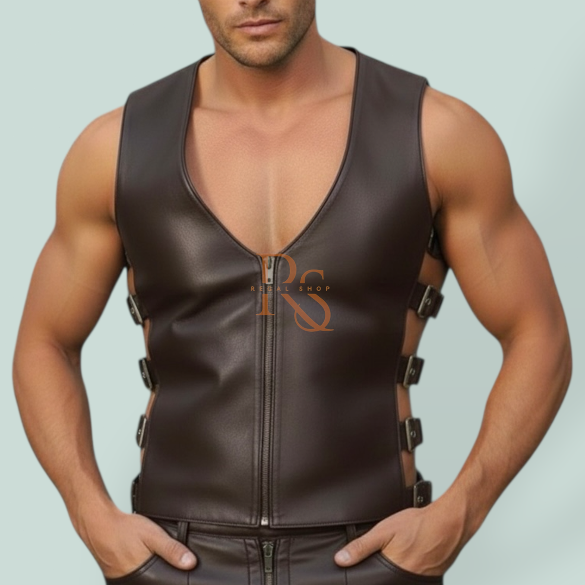 Men's Gay Lambskin Leather Vest Black Zip Front Harness Style