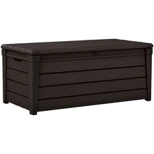 Keter Brightwood 120gal Weatherproof Resin Patio Deck Storage Box Bench, Brown