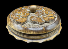 Vintage Covered Wood Box Trinket Round Hand Carved Lidded Leaves Flowers 6"