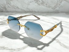 Retro Square Rimless Gold Metal Frame Blue Gradient Sunglasses Lightweight Men