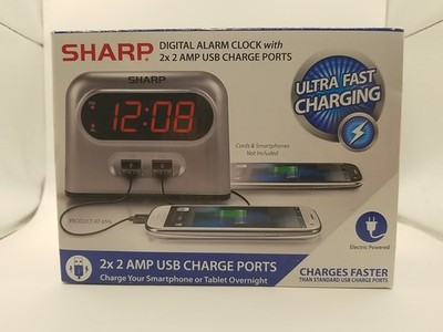 New SHARP Digital Alarm Clock with 2 AMP USB Charging Ports. Power 110V