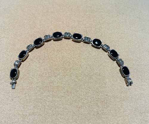 Vintage 925 Sterling Silver Chain Black Onyx Marcasite Stone Bracelet 7”