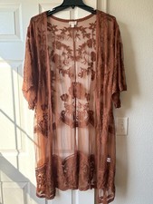 Dizzy Gal Burnt Orange Embroidered Lace Kimono Duster Cover Up Boho Coastal M