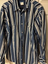 Wrangler Men' Vintage Long Sleeve Pearl Snap Blue Striped, STAIN