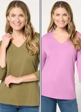 Denim & Co. Essentials Perfect Jersey 2-Pack 3/4 Sleeve Tops Olv/Wsteria S New