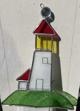 Vintage Stained Glass LIGHTHOUSE Leaded Suncatcher Window Hanging Glass Art