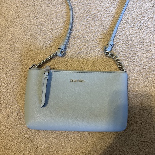 Calvin Klein Hayden Saffiano Leather Crossbody Pale Blue Silver Hardware