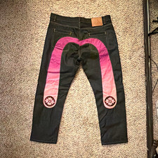 Evisu Men s Dark Wash Black Denim Jeans Pink ...
