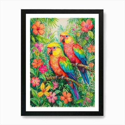 Papageien im Dschungel Kunstdruck gerahmt Wandbild Poster Leinwanddruck Bild