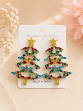 Christmas Tree Earrings, Rhinestones multicolor Statement Dangle, Holiday