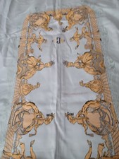 Rare French inlaid center toile green lite Damask linen tablecloth58" x 106" vtg