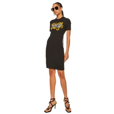 Versace Jeans Couture Black Fitted Logo Dress with Gold Baroque Print