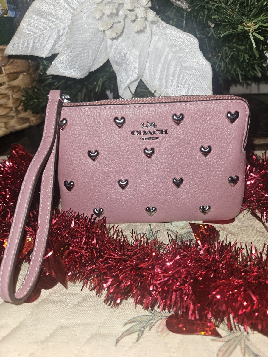 Coach Corner Zip Wristlet W/Heart Rivets PINK NWT RETAIL:$118