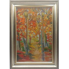 Original Autumn Park Landscape Oil Painting Lamp Posts Small Art 6x4 Framed