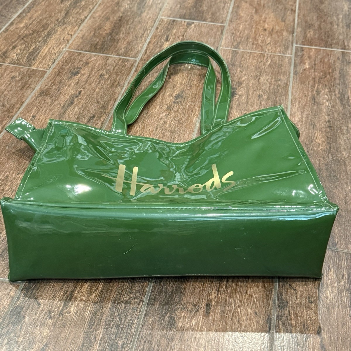 Harrods Tote Bag Dark Green Patent PVC Shiny Zipper Shopper Handbag Logo London View 3