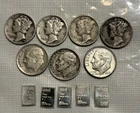 Lot Of 7-90% Silver Dimes And 5-1 Gram Bars .999 Silver 🔥🔥🔥