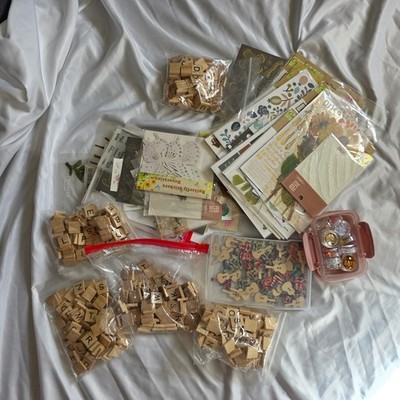 Mixed Craft Supply HUGE Lot Stickers Wood Letter Tiles Guitar Buttons Glitter