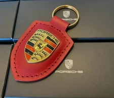 NEW GENUINE OEM PORSCHE LEATHER CREST KEY RING FOB CHAIN RED WAP0500920E