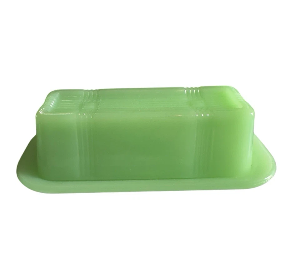 TPC Jadeite Butter Dish Green Glass Covered Tray Criss Cross Striped Retro Vtg - Image 2 of 4